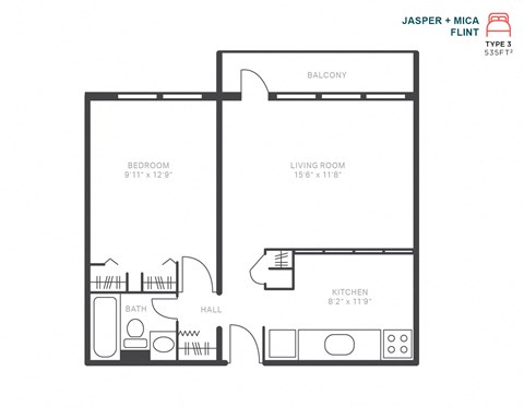 Floor plan for 1 bed, 1 bath, 535 sqft